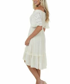 Umgee Champagne Off Shoulder Bell Sleeve Short Dress
