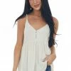 Ces Femme Champagne Peplum Knit Tank Top With Buttons