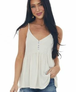 Ces Femme Champagne Peplum Knit Tank Top With Buttons