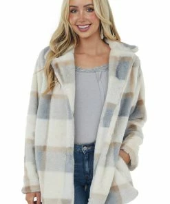 Lime Lush Champagne Plaid Button Up Faux Fur Jacket