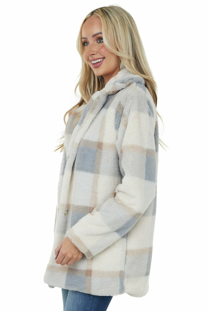 Lime Lush Champagne Plaid Button Up Faux Fur Jacket 6 Lime Lush Champagne Plaid Button Up Faux Fur Jacket