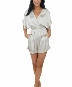 Glam Champagne Silk Short Sleeve V Neck Romper Dresses