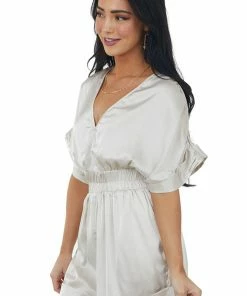 Glam Champagne Silk Short Sleeve V Neck Romper Dresses