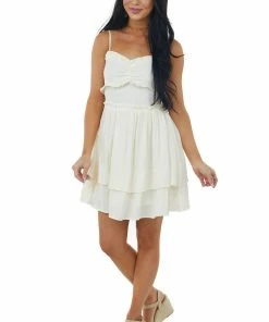 Glam Dresses Champagne Sleeveless Ruffle Overlay Mini Dress