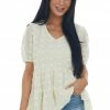 Vanilla Bay Champagne Swiss Dot Tiered Puff Sleeve Blouse 1 Vanilla Bay Champagne Swiss Dot Tiered Puff Sleeve Blouse