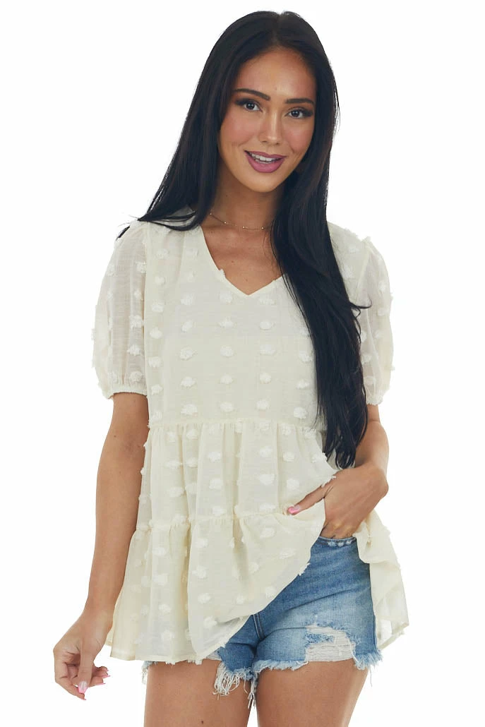 Vanilla Bay Champagne Swiss Dot Tiered Puff Sleeve Blouse 3 Vanilla Bay Champagne Swiss Dot Tiered Puff Sleeve Blouse