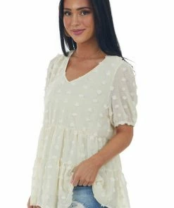 Vanilla Bay Champagne Swiss Dot Tiered Puff Sleeve Blouse 11 Vanilla Bay Champagne Swiss Dot Tiered Puff Sleeve Blouse