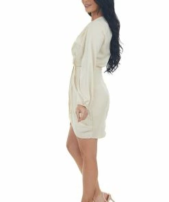 Entro Dresses Champagne Tulip Hem V Neck Long Sleeve Dress