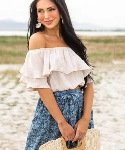 She + Sky Tops Champagne Off The Shoulder Short Sleeve Overlaying Crop Top