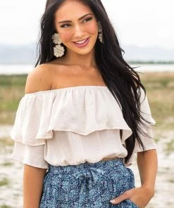 She + Sky Tops Champagne Off The Shoulder Short Sleeve Overlaying Crop Top