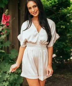 Glam Champagne Silk Short Sleeve V Neck Romper Dresses