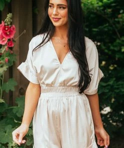 Glam Champagne Silk Short Sleeve V Neck Romper Dresses