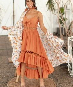 Eesome Champagne Floral Textured Open Front Kimono Tops