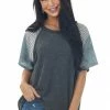 SugarFox Short Sleeve Tops Charcoal Distressed Tee With Multiprint Sleeves