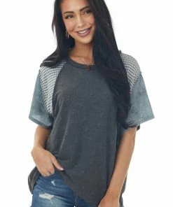 SugarFox Short Sleeve Tops Charcoal Distressed Tee With Multiprint Sleeves