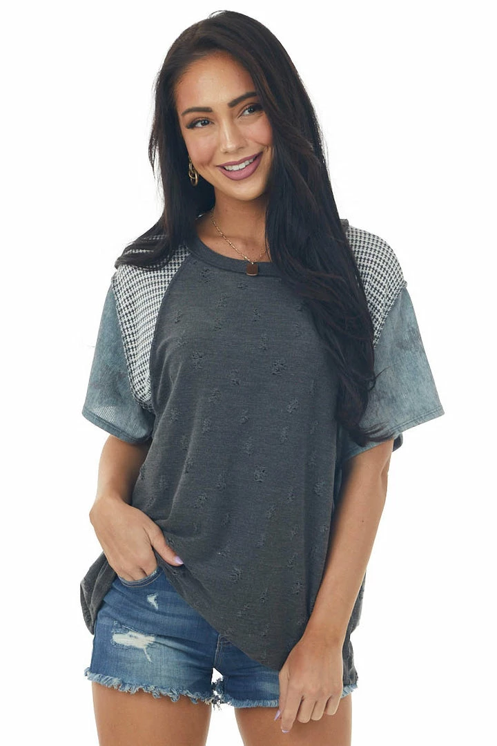 SugarFox Short Sleeve Tops Charcoal Distressed Tee With Multiprint Sleeves 3 SugarFox Short Sleeve Tops Charcoal Distressed Tee With Multiprint Sleeves