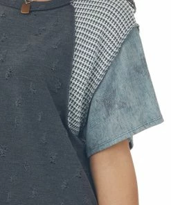 SugarFox Short Sleeve Tops Charcoal Distressed Tee With Multiprint Sleeves 13 SugarFox Short Sleeve Tops Charcoal Distressed Tee With Multiprint Sleeves