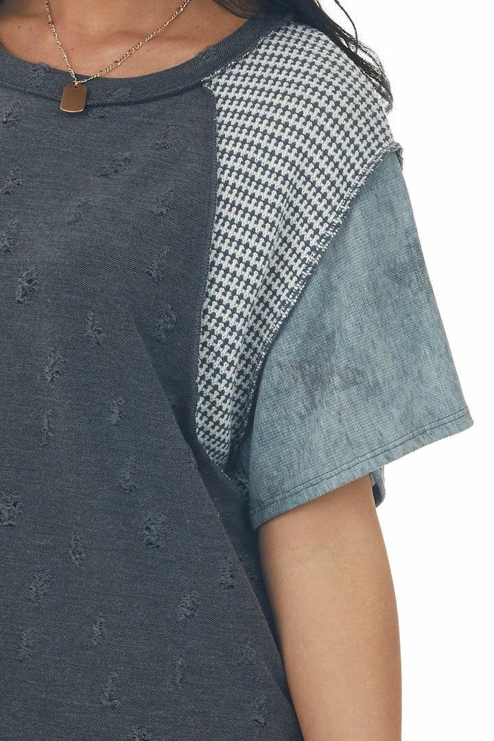 SugarFox Short Sleeve Tops Charcoal Distressed Tee With Multiprint Sleeves 8 SugarFox Short Sleeve Tops Charcoal Distressed Tee With Multiprint Sleeves