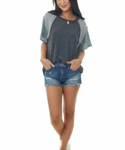 SugarFox Short Sleeve Tops Charcoal Distressed Tee With Multiprint Sleeves 10 SugarFox Short Sleeve Tops Charcoal Distressed Tee With Multiprint Sleeves