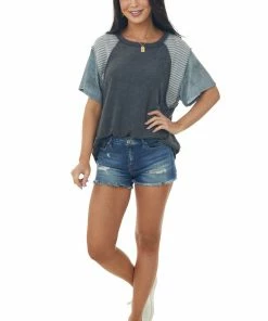 SugarFox Short Sleeve Tops Charcoal Distressed Tee With Multiprint Sleeves 9 SugarFox Short Sleeve Tops Charcoal Distressed Tee With Multiprint Sleeves