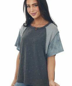 SugarFox Short Sleeve Tops Charcoal Distressed Tee With Multiprint Sleeves 11 SugarFox Short Sleeve Tops Charcoal Distressed Tee With Multiprint Sleeves
