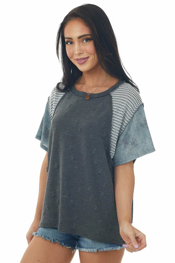 SugarFox Short Sleeve Tops Charcoal Distressed Tee With Multiprint Sleeves 6 SugarFox Short Sleeve Tops Charcoal Distressed Tee With Multiprint Sleeves