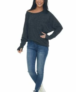 BiBi Tops Charcoal Dolman Sleeve Brushed Knit Top