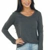 143 Story Charcoal Exposed Stitch Chest Pocket Knit Top