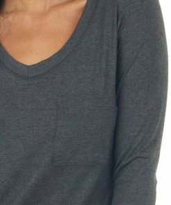 143 Story Charcoal Exposed Stitch Chest Pocket Knit Top