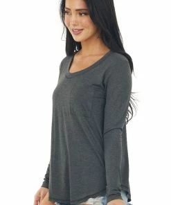 143 Story Charcoal Exposed Stitch Chest Pocket Knit Top