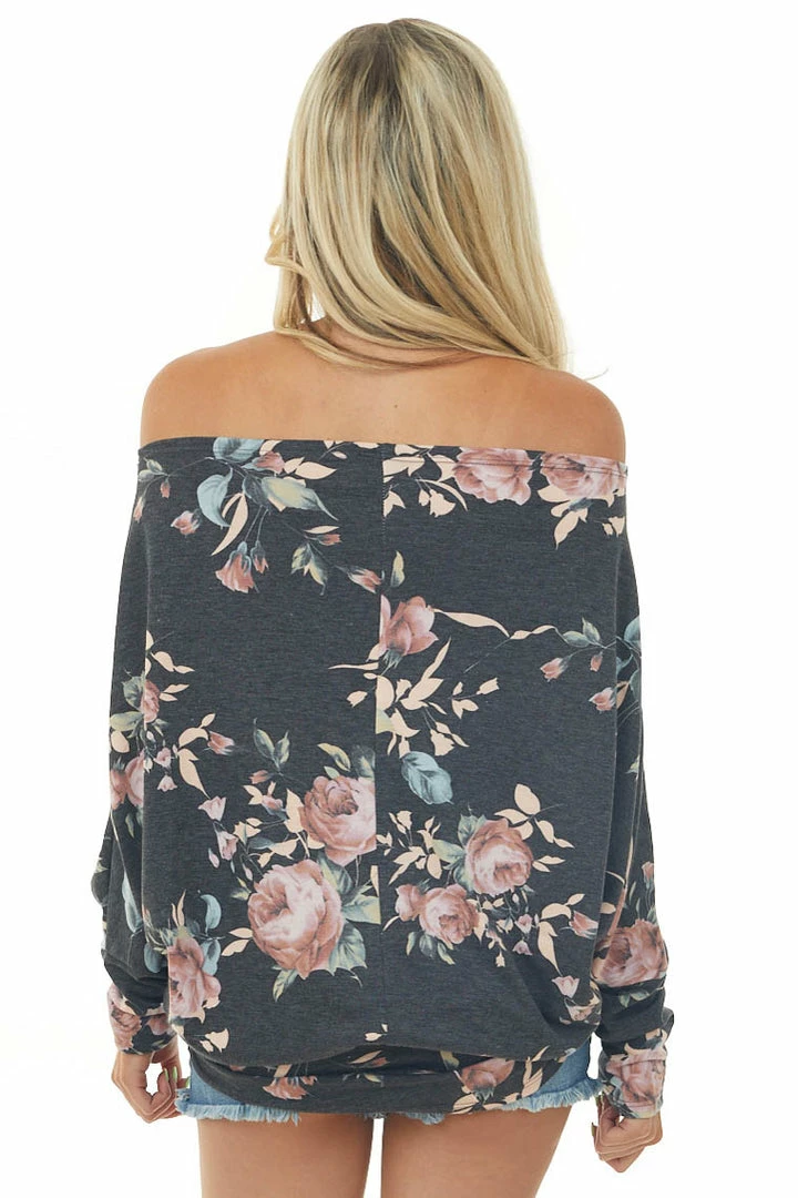 HEIMISH Tops Charcoal Floral Print Long Sleeve Top With Drop Shoulder 7 HEIMISH Tops Charcoal Floral Print Long Sleeve Top With Drop Shoulder
