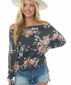 HEIMISH Tops Charcoal Floral Print Long Sleeve Top With Drop Shoulder