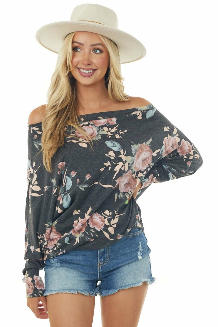 HEIMISH Tops Charcoal Floral Print Long Sleeve Top With Drop Shoulder 3 HEIMISH Tops Charcoal Floral Print Long Sleeve Top With Drop Shoulder