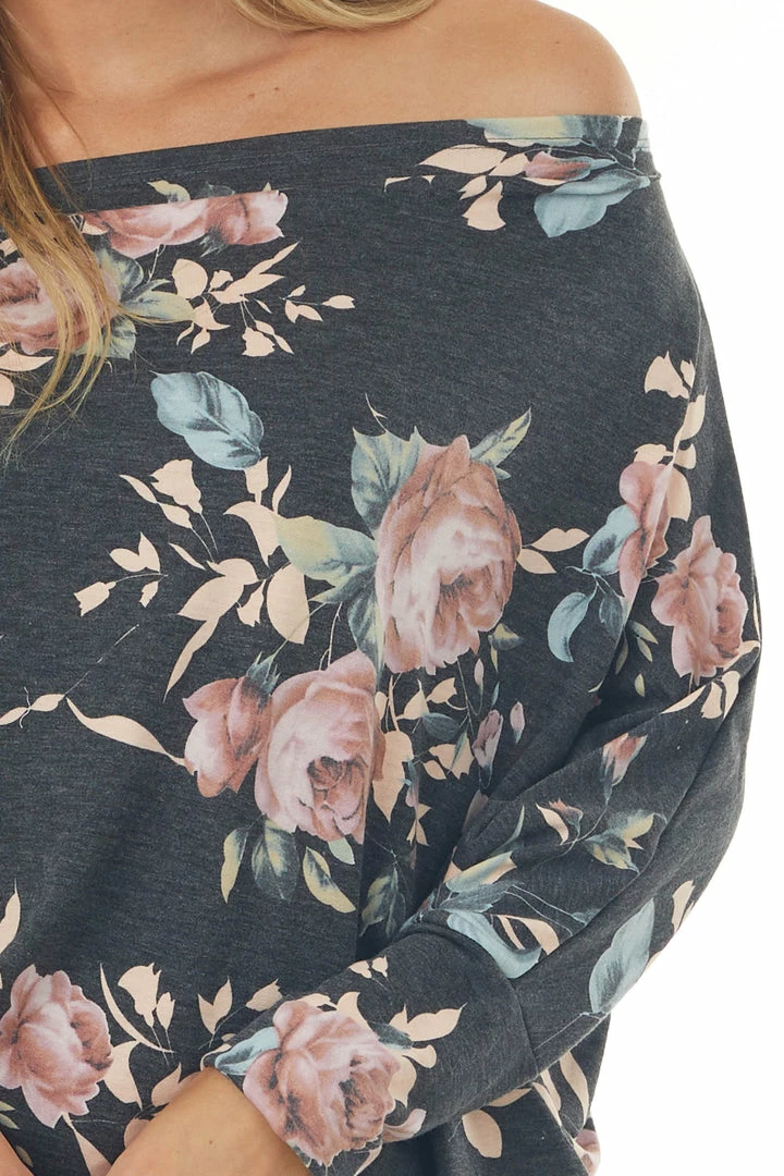HEIMISH Tops Charcoal Floral Print Long Sleeve Top With Drop Shoulder 8 HEIMISH Tops Charcoal Floral Print Long Sleeve Top With Drop Shoulder