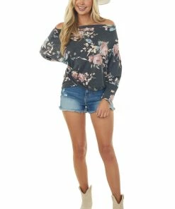 HEIMISH Tops Charcoal Floral Print Long Sleeve Top With Drop Shoulder 9 HEIMISH Tops Charcoal Floral Print Long Sleeve Top With Drop Shoulder