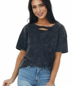 BiBi Charcoal Mineral Wash Cut Out Short Sleeve Tee