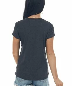Ces Femme Tops Charcoal Raw Edge Notch Neck Light Knit Top