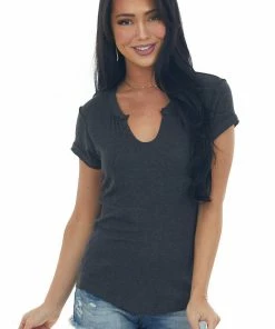 Ces Femme Tops Charcoal Raw Edge Notch Neck Light Knit Top