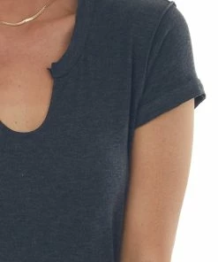 Ces Femme Tops Charcoal Raw Edge Notch Neck Light Knit Top