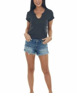 Ces Femme Tops Charcoal Raw Edge Notch Neck Light Knit Top