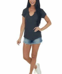 Ces Femme Tops Charcoal Raw Edge Notch Neck Light Knit Top