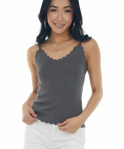 BiBi Tops Charcoal Scalloped Ribbed Knit Tank Top