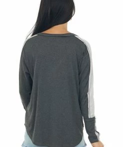 143 Story Charcoal V Neck Long Sleeve Exposed Seam Top Tops