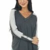 143 Story Charcoal V Neck Long Sleeve Exposed Seam Top Tops