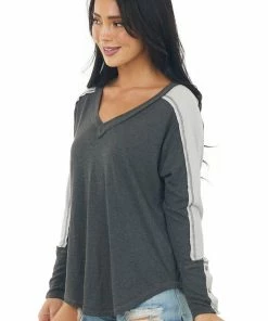 143 Story Charcoal V Neck Long Sleeve Exposed Seam Top Tops