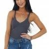 ZENANA Charcoal V Neck Stretchy Ribbed Fitted Tank Top