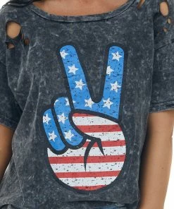 BiBi Charcoal Washed Americana Peace Sign Graphic Top