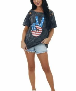 BiBi Charcoal Washed Americana Peace Sign Graphic Top