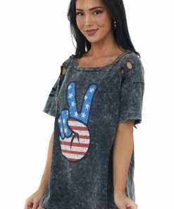 BiBi Charcoal Washed Americana Peace Sign Graphic Top