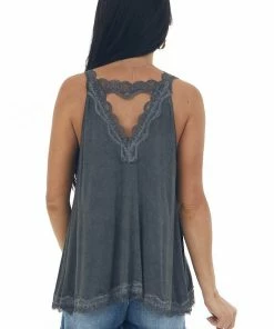 POL Clothing Charcoal Washed Lace Trim Knit Cami Top Tops 12 POL Clothing Charcoal Washed Lace Trim Knit Cami Top Tops